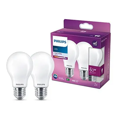 Philips LED Classic A60 Frosted Light Bulb Pack [E27 Edison Screw] 60W, Cool White 4000K, Non Di