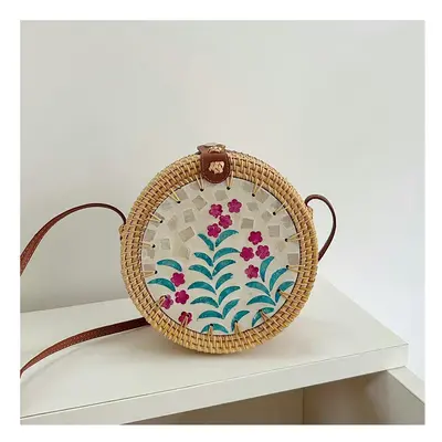 (Shell shoulder bag-orchid) Vietnam Aki Rattan Woven INS Wind Round Color Shell Stitching Bag Fe