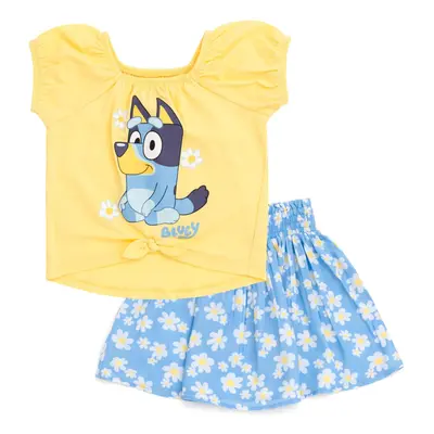 Bluey Toddler Girls Square Neck T-Shirt and Skirt Yellow/Blue Daisies 5T