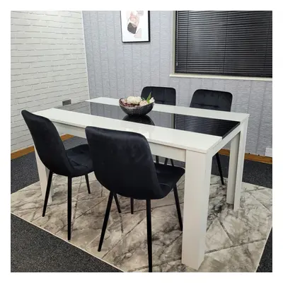 Dining Table White Black & Black Velvet Tufted Chairs , Wooden Table