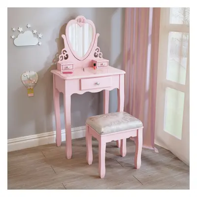 (Pink) Dressing Table for Girls,Pink Vanity Table with Mirror Stool for 3,4,5,6,7,8 Kids, Birthd