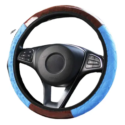 (Blue) Wood Grain Leather Car Steering Wheel Cover Protective Cover Universal Non-slip