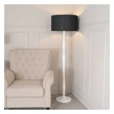 ValueLights Victoria Black Drum Shade White Wood Stem Floor Lamp