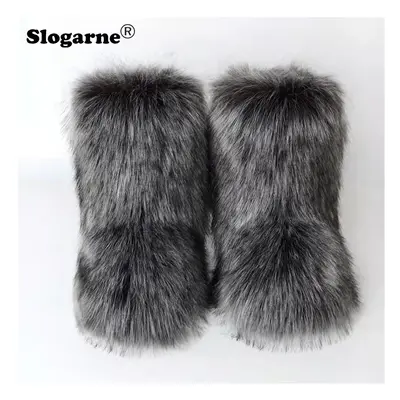 (39, Grey) Women's Winter Fluffy Faux Fox Fur Boots Woman Plush Warm Snow Boots Luxury Footwear 