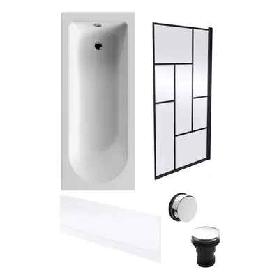 Round Single Ended Bath, Front Panel, Black Abstract Screen, Chrome Waste -1700x700mm