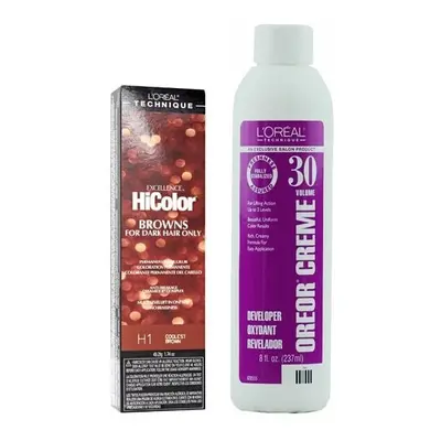 (H1+Dev(Vol.30)8oz) H1 Coolest Brown L'Oreal Excellence HiColor Browns for Dark Hair Only