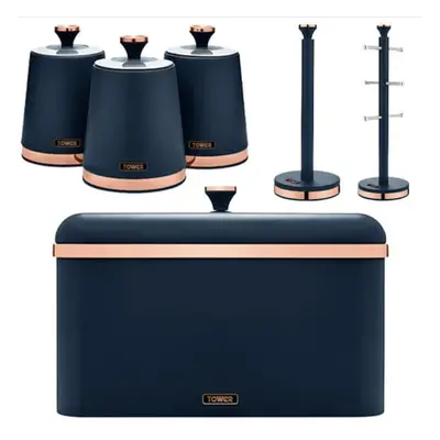 Tower Cavaletto Midnight Blue 6pc Kitchen Set Bread Bin Canisters Pole