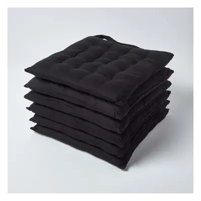 (Set of 6, Black) Plain Seat Pad with Button Straps 100% Cotton