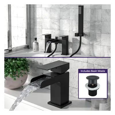 Ozone Waterfall Matte Black Mono Tap and Bath Filler with Handset Set