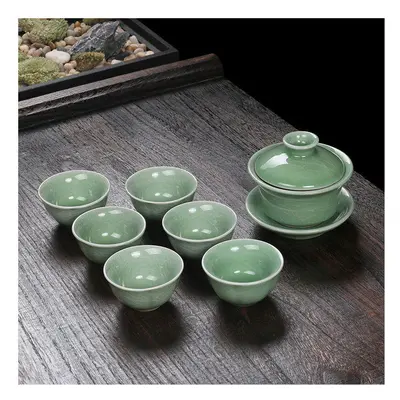 (7-piece set of covered bowls - Ge kiln slicing, Universal version) Ruyao Tea Set, Tea Towel, Ku