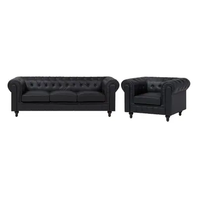 Faux Leather Living Room Set Black CHESTERFIELD Big