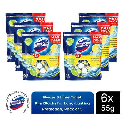 6x Domestos Power Lime Toilet Rim Blocks for LongLasting 55g, Pkof5