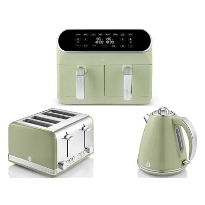 SWAN Retro Green Kettle Toaster & Dual Basket Air Fryer Matching Set