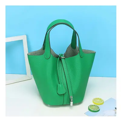 (Emerald green (head layer cowhide), large) New Litchi Pattern Casual Dish, Bag Leather, Fashion