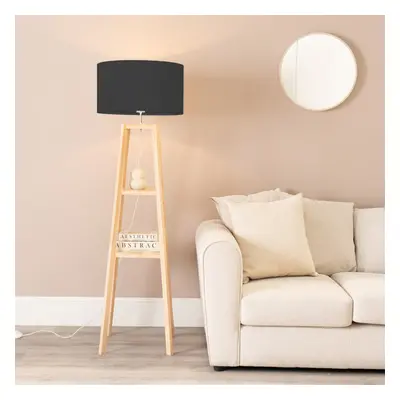 ValueLights Wakefield Quad Two Shelf Wood Floor Lamp with Black Shade