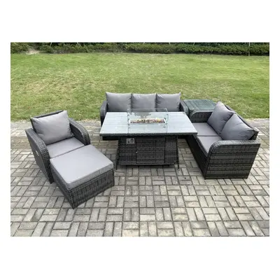 Fimous Garden Patio Furniture Wicker Rattan Gas Fire Pit Table and Sofa Chair set with Side Tabl