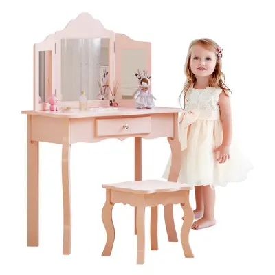 (Pink) Girls Dressing Table with Mirror and Stool, Kids Wooden Vanity Table with Drawer and Fold