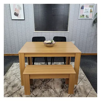 Oak Dining Table Black Tufted Velvet Chairs and Bench Dining Set