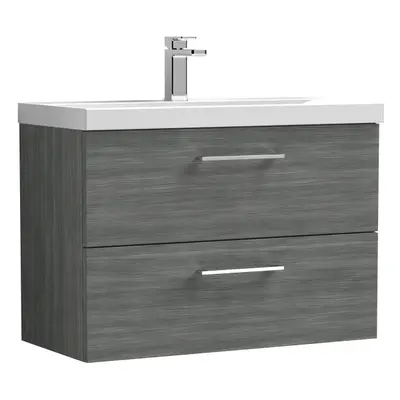 Wall Hung Drawer Vanity Unit with Mid-Edge Ceramic Basin, 800mm - Woodgrain Anthracite