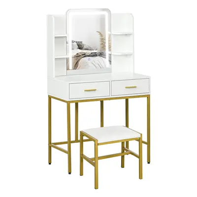 HOMCOM Makeup Vanity Desk Set with Lighting Mirror, Stool, Drawers, White