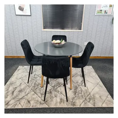 Round Grey Dining Table And Black Velvet Tufted Chairs Dining Set