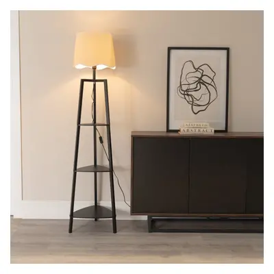 ValueLights Hiru White Trim Scallop Shade Tier Black Wood Floor Lamp