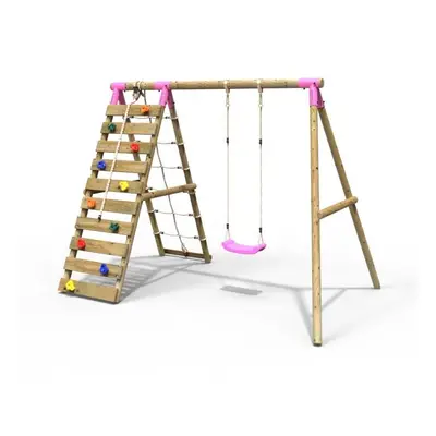 (Aria, Pink) Rebo Wooden Swing Set with Up and Over Climbing Wall