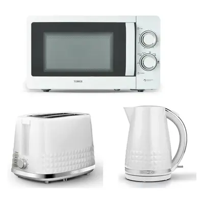 Tower Solitaire White Kettle Slice Toaster & T24042WHT Microwave Set