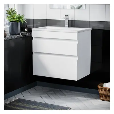 Nes Home White 600mm PVC Drawer Wall Hung Vanity Cabinet and Slim Basin Unit