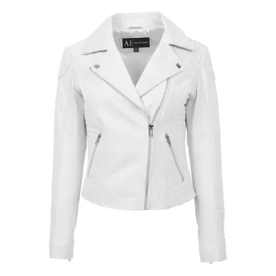 (White, 20) Womens Designer Leather Biker Jacket Fitted Quilted Bonita White