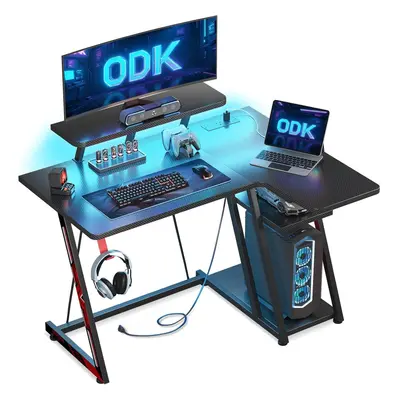 ODK Shaped Gaming Desk with LED Lights & Power Outlets, Gaming