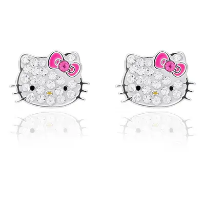 Sanrio Hello Kitty Womens Clear Crystal Stud Earrings - Silver Plated