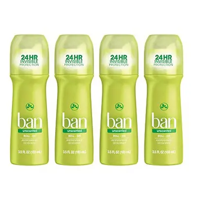 Ban Roll-On Antiperspirant Deodorant, Unscented, 3.5-Ounce Bottles (Pack of 4)