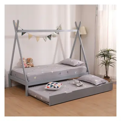 (Grey With Trundle, x 10cm Comfort Foam Mattress) Harry Teepee Tent Kids Single Wooden Bed Frame