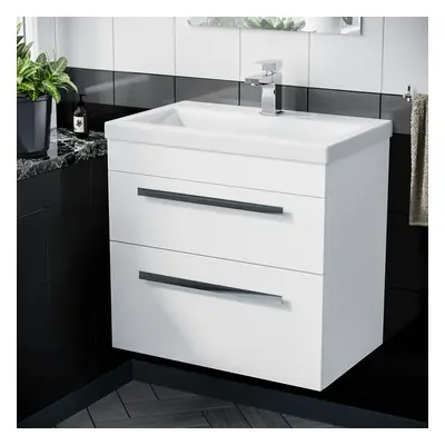 Nanuya 600mm Gloss White Wall Hung Drawer Vanity Cabinet & Ceramic Basin Sink