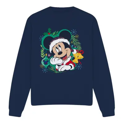 (L, Navy) Disney Unisex Adult Mickey Mouse Wreath Christmas Sweatshirt