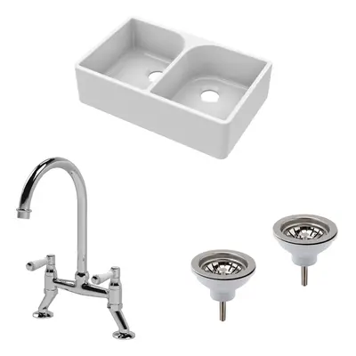 Fireclay Kitchen Bundle - Double Bowl Full Weir Butler Sink No Overflow, Wastes & Bridge Lever T