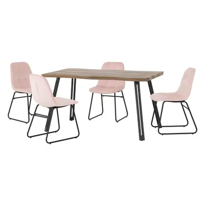 Quebec Wave Edge Dining Table + Lucas Chairs Set - Oak Effect & Pink Velvet