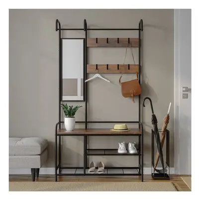 (Black & Rustic Oak) Hallway Coat Hanger Stand & Shoe Bench Storage