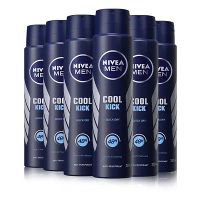 MEN Cool Kick Anti-Perspirant Deodorant Spray Pack of (6 x 250ml), Men's Anti-Perspirant Deodora