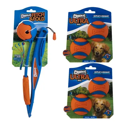 ChuckIt! Dog Fetch & Fold Ball Launcher and 4-Pack Ultra Ball Bundle Medium