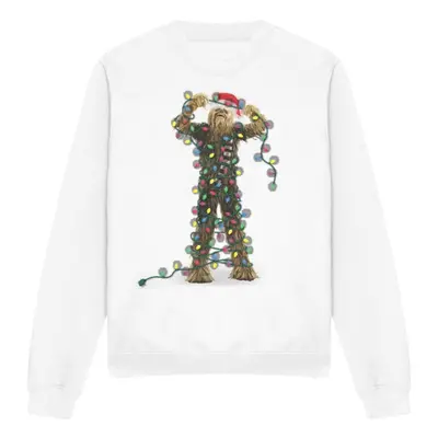 (L, White) Star Wars Unisex Adult Chewbacca Fairy Lights Christmas Sweatshirt