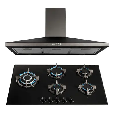 SIA Black 90cm Burner Gas On Glass Hob And Chimney Cooker Hood Extractor Fan