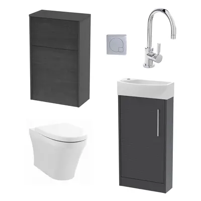 Cloakroom Suite - Right Hand 440mm Vanity, WC Unit, Toilet and Tap - Graphite