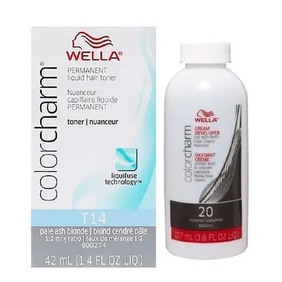 (T14 & Dev (Vol. 20) 3.6oz) Wella Color Charm T14 Pale Ash Blonde Permanent Liquid Hair Toner