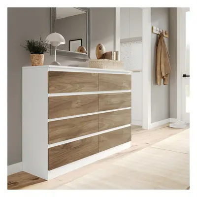 (White Carcass + Oak Drawers) Modern Wide Wooden Chest of Drawers Bedroom Furniture Storage Beds