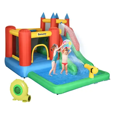 Outsunny Kids Bouncy Castle w/ Slide Water Pool Climbing Wall & Trampoline