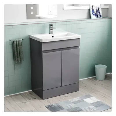 Nes Home Hinckley 600mm Freestanding Basin Vanity Unit doors Steel grey Flat Pack