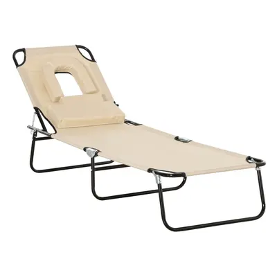 Outsunny Folding Sun Lounger Reclining Chair w/ Pillow Reading Hole Beige