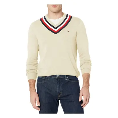 Tommy Hilfiger mens Stripe V Neck Sweater B2561 Snow White Heather X